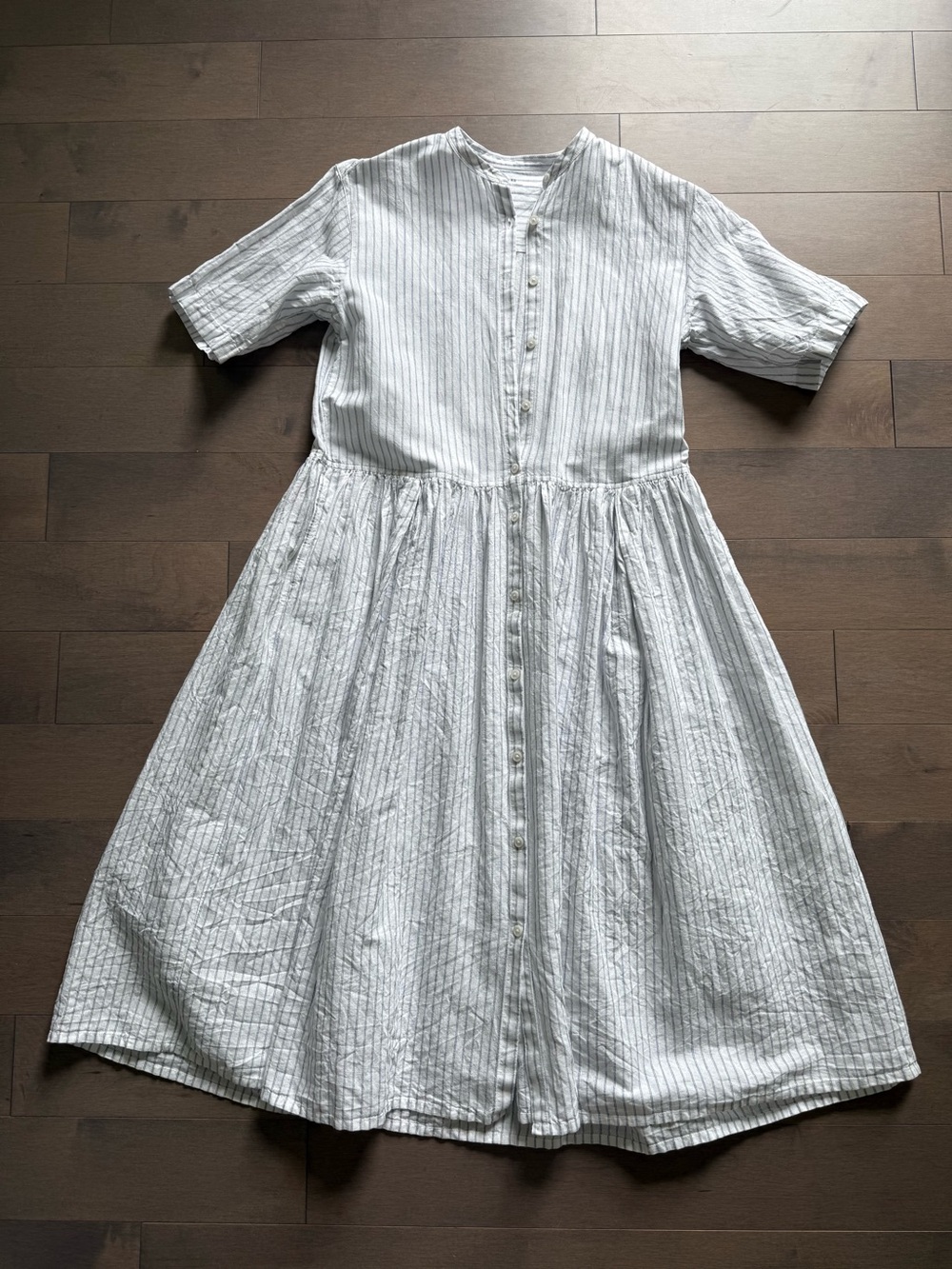 MUJI Womens Organic Cotton Hemp Short Sleeve Dress Off White Stripe